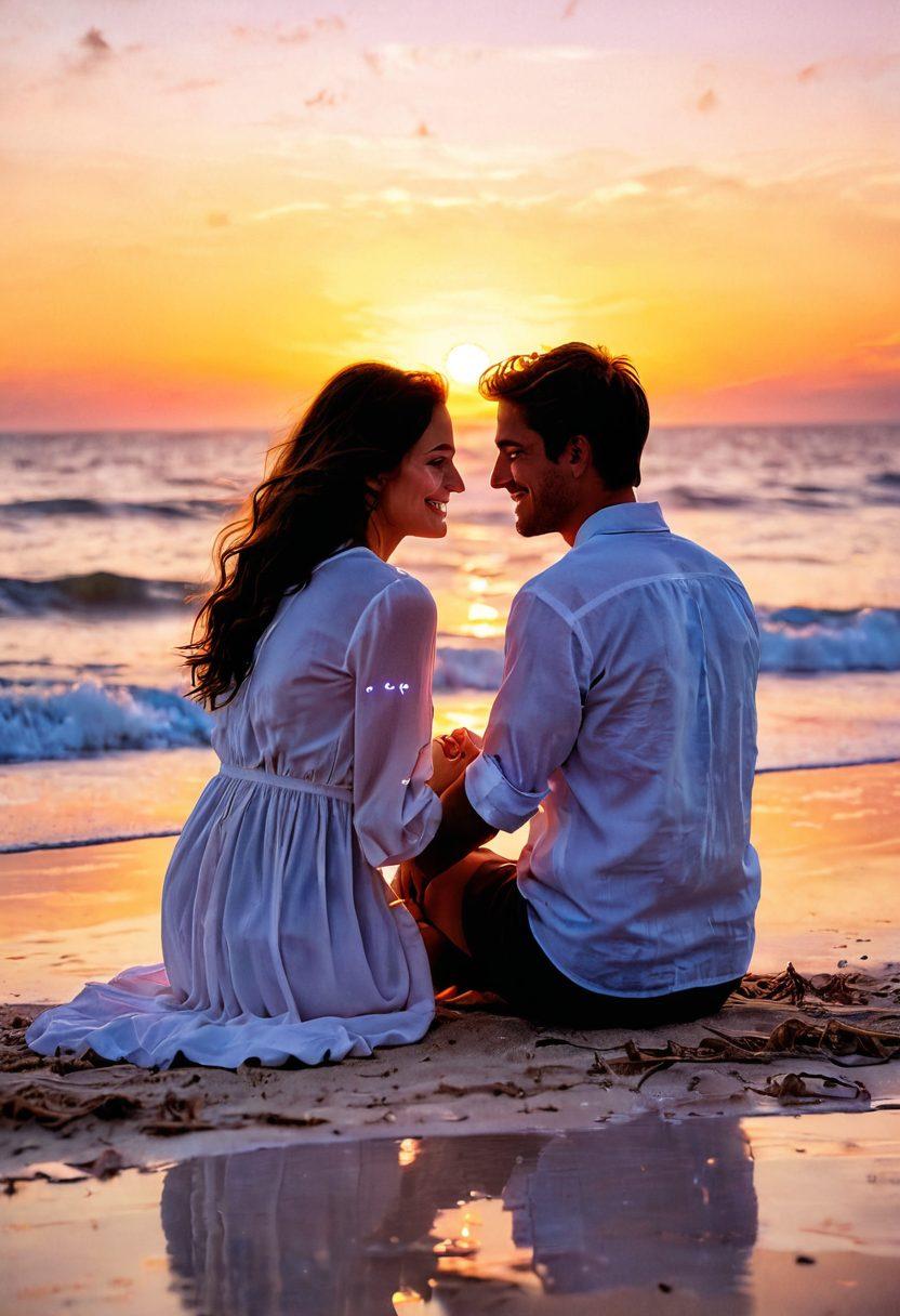 A romantic couple sitting closely together on a serene beach at sunset, their hands intertwined, surrounded by glowing hearts and soft waves; the atmosphere radiates warmth and intimacy, symbolizing deep emotional and sexual connection. The scene captures tender expressions and shared laughter, creating a sense of lasting relationship satisfaction. soft pastel colors. dreamy. vibrant sunset.