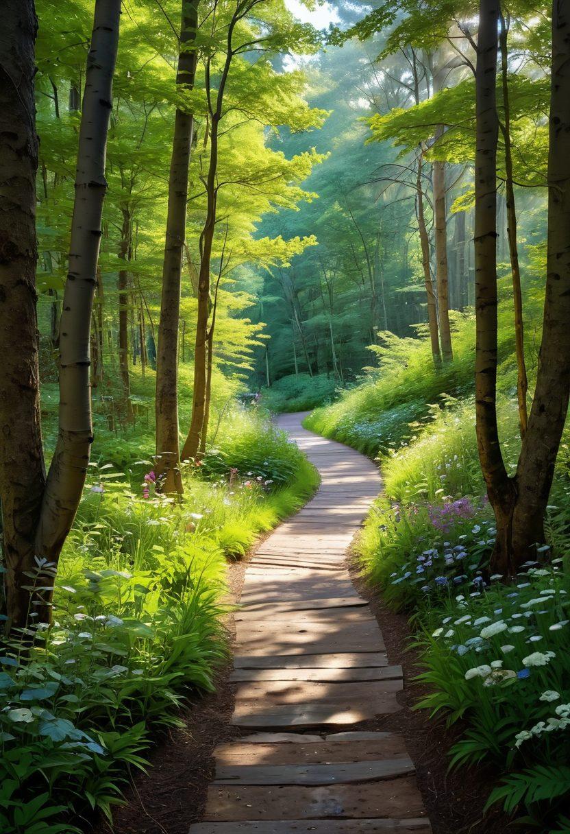 A serene landscape depicting a winding path through a lush forest, with light filtering through the trees, symbolizing the journey of self-discovery. Along the path, vibrant flowers bloom, representing joy and pleasure. In the foreground, a diverse group of people share moments of connection and laughter, highlighting the importance of partnerships. The overall mood is peaceful and uplifting, encouraging exploration and joy. soft-focus, vibrant colors, nature-inspired.