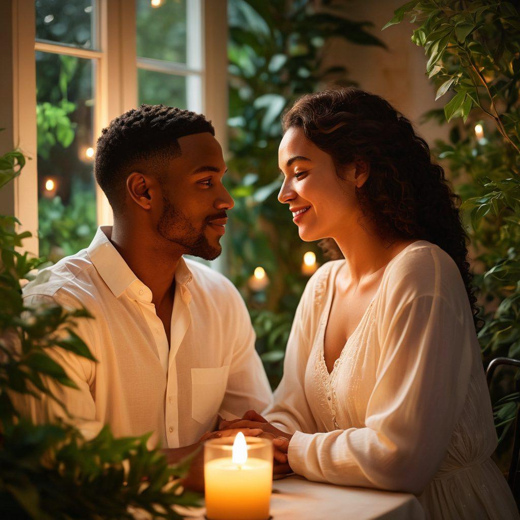 A warm and inviting scene of a diverse couple engaged in an intimate conversation, surrounded by soft, glowing candlelight and lush greenery. The atmosphere is filled with warmth and joy, symbolizing deep emotional connections, with subtle hints of heart motifs in the background. Gentle textures and soft colors evoke feelings of love and fulfillment. super-realistic. vibrant colors. warm lighting.